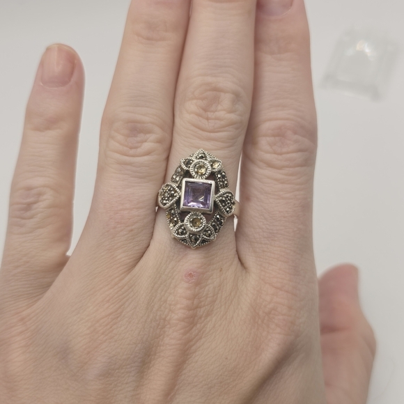 Ari D. Norman Jewelry - Vintage Ari D. Norman Sterling Silver Amethyst & Marcasite Victorian Style Ring